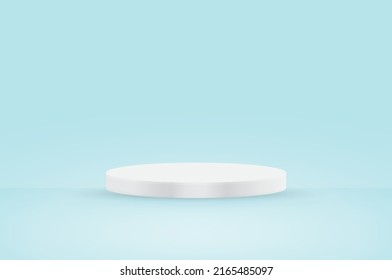 Round white stage podium illuminated with light on blue background. Vector for product presentation