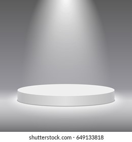 Round white stage podium illuminated with light. Stage vector backdrop. Festive podium scene for award ceremony on white, grey background. Vector white pedestal for product presentation. 