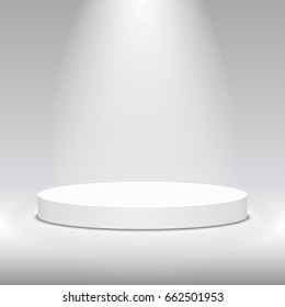 Round white stage podium illuminated with light. Stage vector backdrop. Festive podium scene for award ceremony on white, grey background. Vector white pedestal for product presentation. 