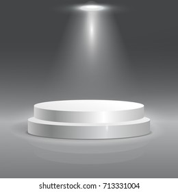 Round white stage podium illuminated with light. Festival scene for award ceremony. White pedestal for product presentation. Vector illustration. Isolated on gray background
