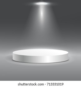 Round white stage podium illuminated with light. Festival scene for award ceremony. White pedestal for product presentation. Vector illustration. Isolated on gray background