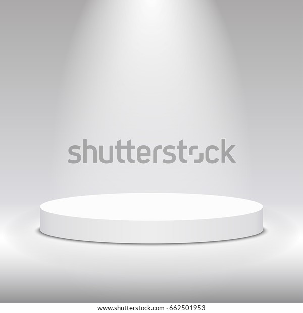ライトで照らされた白いステージ上の円形の台 ステージのベクター画像背景 白い背景にグレイの背景に祭りの表彰式 の表彰台のシーン 製品プレゼンテーション用のベクター白いペデスタル のベクター画像素材 ロイヤリティフリー