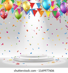 Round white stage podium with spotlight on award ceremony background . Vector illustration