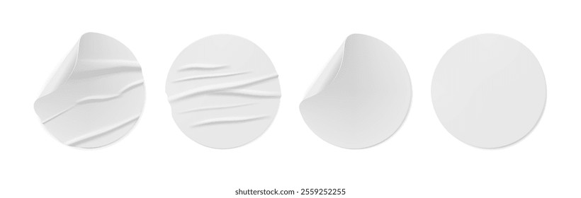 Round white stickers or labels with copy space and crumpled glued texture. Vector isolated set of realistic circle notes or pricetags with wrinkled surface and bend corner, sticky notes