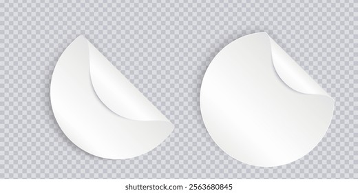 Round white sticky labels with bent edges. Adhesive round paper sticker with curved corner on checkered background. Empty mockup for memos, price tags, gluing. Realistic vector illustration