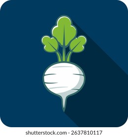 Round White Turnip with Green Leaves Flat Design Icon.