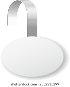 Round white wobbler hanging from a metallic strip, ideal for promoting sales, discounts, or special offers in a retail environment, creating visual appeal and attracting customer attention