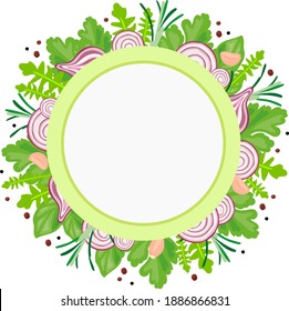 Round white-green label, sticker, frame with onions, various herbs, garlic cloves, spices.