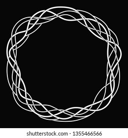 Round wicker frame, vine, stalks, Celtic pattern. White drawing on a black background.