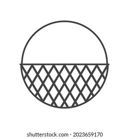 Cesta de almacenamiento redonda de mimbre. Dibujo vectorial en fondo en blanco. Silueta blanca y negra aislada.