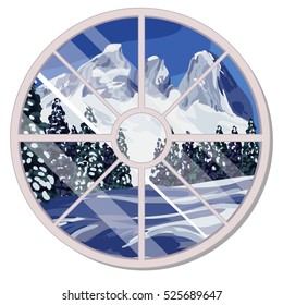 The round window overlooking the snow-covered mountain slope and coniferous forest in winter isolated on white background. Interior design luxury country house. Vector cartoon illustration.