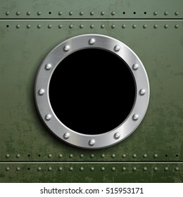 Round window porthole on green metal background. Military armor with camouflage. Stock vector illustration