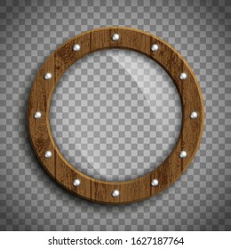 Round window porthole. Wooden frame. Template isolated on a transparent background. Vector illustration