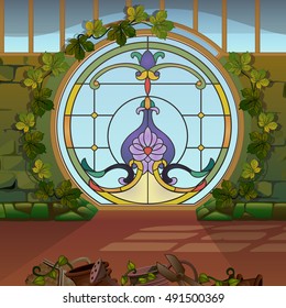 Round window with stained glass in the winter garden or greenhouses. Vintage architecture. Vector illustration.
