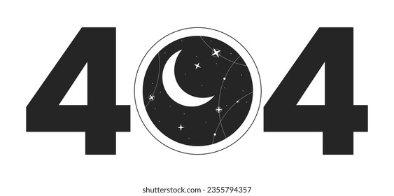 Round window with starry moon night black white error 404 flash message. Esoteric magic. Monochrome empty state ui design. Page not found popup cartoon image. Vector flat outline illustration concept