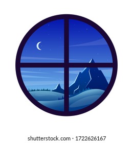 Round window with a view of the nature. Night landscape with mountains and forest. Fabulous place. Starry sky. Vector stock flat illustration.