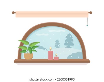 Round window with winter landscape. Wooden Window in Winter. Flat vector graphic on white background.