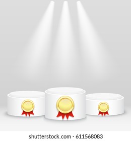 Round winners podium. White pedestal with spotlight. Vector illustration