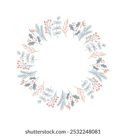 Round Winter Christmas Wreath with green twigs with leaves. Festive vector illustration for the design or decor of postcards, invitations. Rustic template for circle-shaped text.