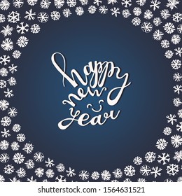 Round winter frame with small decorative snowflakes. Happy New Year lettering. Handwritten text in circle on dark blue gradient background. Seasonal card, template. Beautiful snowfall