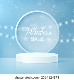 Round winter podium on a blue background with falling snowflakes and garlands.