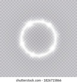 Round winter snow frame border with stars, sparkles and snowflakes on transparent background. Festive christmas banner, new year greeting card, postcard or invitation vector illustration
