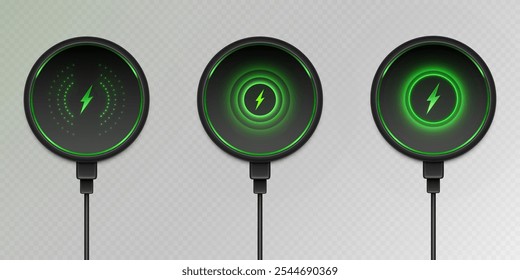 Round wireless chargers with illuminated neon green lightning symbols and rings on transparent background. Realistic 3d set of charging indicators with cables demonstrate power connection stages.