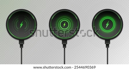 Round wireless chargers with illuminated neon green lightning symbols and rings on transparent background. Realistic 3d set of charging indicators with cables demonstrate power connection stages.