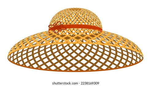 Round women hat with wide brim woven from natural material. Summer light headwear. Elegant woven straw hat with large mesh. Vector isolated on white background