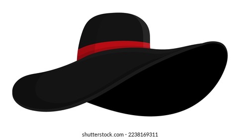 Round women hat with wide brim. Elegant black felt hat for formal occasions and social event. Vector isolated on white background