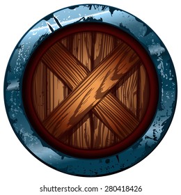 Round Wooden Barbarian Shield, Vector Illustration isolated on White Background.