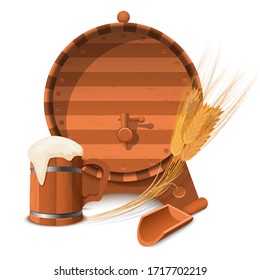 Round wooden barrel, scoop, beer mug with beer and wheat ears. Vector illustration.