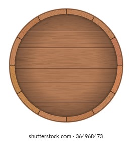 Round wooden barrel for wine. Round wooden signboard. Vector realistic illustration.