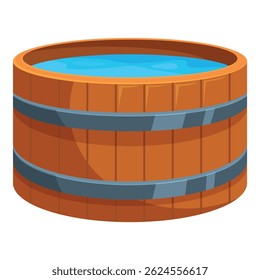 Round wooden bathtub holding blue water, designed for relaxation and spa treatments