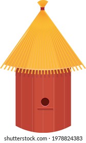 A round wooden bee hive with a thatched roof. Honeybee hive. A nest of insects that produce sweet honey. Vector illustration isolated on white background.