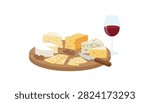Round wooden board featuring a selection of gourmet cheeses including brie and cheddar slices with a glass of red wine and almonds.