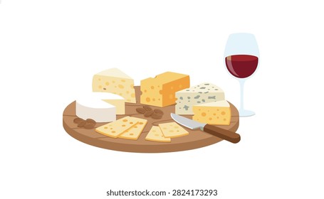 Round wooden board featuring a selection of gourmet cheeses including brie and cheddar slices with a glass of red wine and almonds.