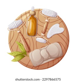 Round wooden board with gua sha tools, headband, oil serum. Top view. Health and beauty. Trendy vector illustration