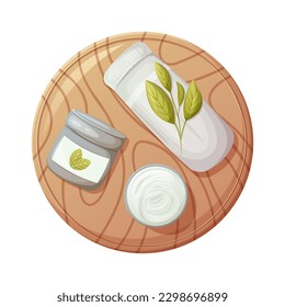 Round wooden board with rolled up towel and cream in a jar. Top view. Health and beauty. Trendy vector illustration.