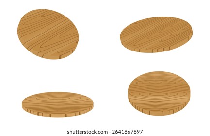 round wooden chopping board with wood grain set vector illustration isolated on white background.