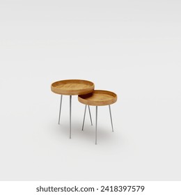 A round wooden coffee table is rendered on a white background