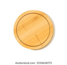 Round wooden cutting board, isolated. Flat lay kitchen utensil illustration for design and print.