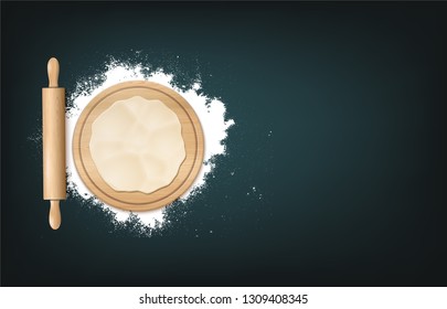 Round Wooden Cutting Board, Rolling Pill, Dough And Flour. Vector Photo Realistic Baking Background