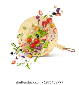Round wooden cutting board with vegetable salad splash. Vector 3d realistic illustration of a vegetarian dish. The composition is isolated on a white background.