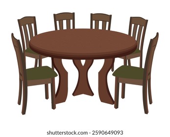 Round wooden dining table with six chairs, classic furniture design, home interior decor