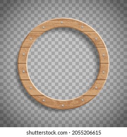 Round wooden frame with nails. Template for a text is isolated on a transparent background. Vector mockup