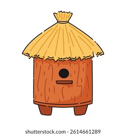 Round wooden house for honey bees with thatched roof vector illustration.