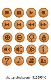 Round wooden media buttons vector icon set