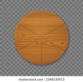 Round wooden pizza plate, cutting board, kitchen tray for cake. Empty chopping and serving board from brown wood plank in top view, vector realistic illustration isolated on transparent background