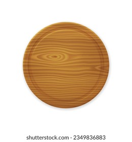 Round wooden plate for pizza. Kitchen cutting board for chopping food. 3d circle tray from wood plank in top view isolated on white background, vector realistic illustration
